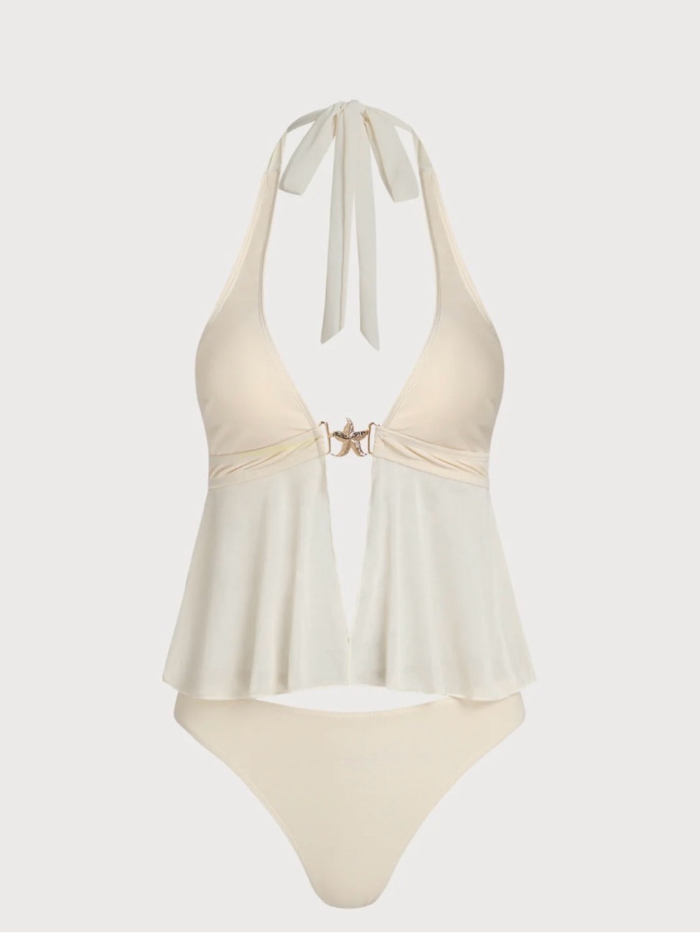 Cream Halter Peplum Bikini Set with Decorative Ring